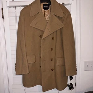 Vintage Vilany 100% Wool Double Breasted Pea Coat Mens Size 44 Tan - Picture 1 of 9