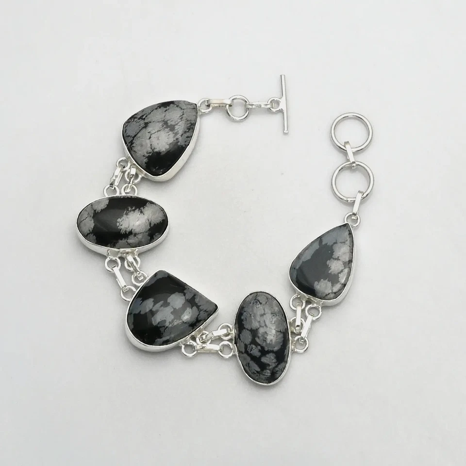 Pulsera étnica hecha a mano de piedras preciosas obsidiana copo de nieve joyería 25 Gms AB 25806 Foto 1 de 1