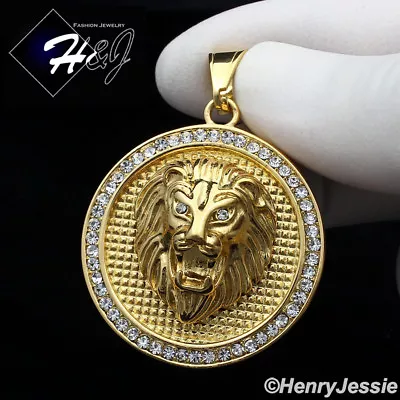 Colgante redondo cara de león 3D chapado en oro circonita cúbica brillante helada de acero inoxidable para hombre*GP109 Foto 1 de 3