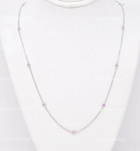 0.50ct 14k White Gold Pink Sapphire Necklace Diamond By The Yard 10 station 16in - Picture 1 of 6
