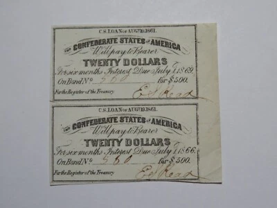 $20 1861 Confederate Bond Coupon Certificate Uncut Sheet Currency Bank Note Bill - Image 1 of 2