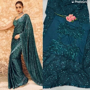 New georgette silk sequins saree indian bollywood party wear sequence Green sari - Picture 1 of 5