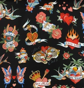 Alexander Henry Tattoo Love Rose Tiger Black "LAMINATE" Food Safe Upholstery - Picture 1 of 2