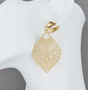 Gold Clip On earrings filigree teardrop pendant clips lightweight 2 5/8" long - Picture 1 of 10