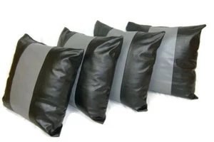 4 BLACK/GREY FAUX LEATHER 22 INCH CUSHION COVERS COMPLETE WITH INNERS/ INSERTS - Picture 1 of 2