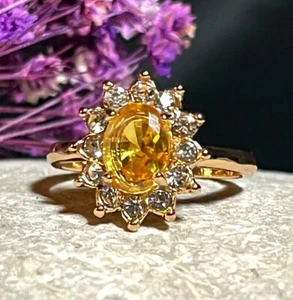 Yellow Zircon Oval Crystal Gold-Plated Steel Sol Design Gemstone Ring - Picture 1 of 7