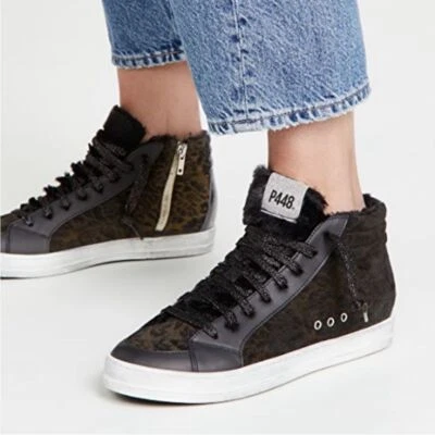 P448 Skate Boster Black Leopard Print Suede FurLined High Top Sneakers 39 - Image 1 of 4