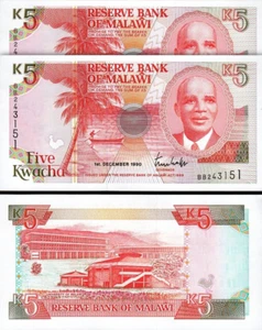 Malawi 5 Kwacha 1990, UNC, 2 Pcs PAIR, Consecutive, P-24a - Picture 1 of 4