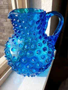 Antique Hobbs AQUA Hobnail Dew Drop Pitcher 110 yrs old! RARE! GORGEOUS COLOR!!! - Picture 1 of 12