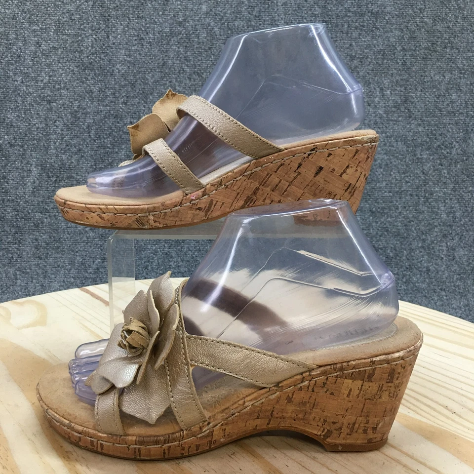 Merona Sandals Womens 8 Wedge Slides Brown Leather Casual Cork Flower Slip On - Image 1 of 4