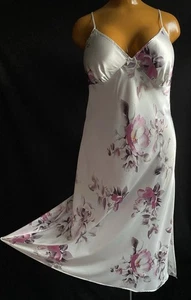 BHS Long Nightdress Slip Gown, Silver Floral Printed Glossy Liquid Satin, UK 20 - Picture 1 of 17