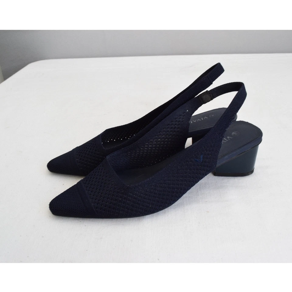 Zapatos de tacón VIVAIA Leah Point Toe Sling Back 38 azul marino tejido bloque para mujer Foto 1 de 4