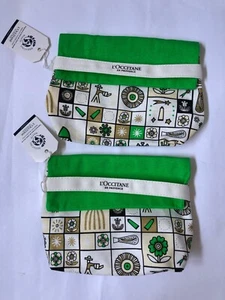 SET OF 2 L'OCCITANE EN PROVENCE CANVAS GREEN COLORFUL MAKEUP BAG NEW WITH TAGS - Picture 1 of 7