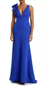 Abito Mac Duggal blu royal con scollo a V e fiocco $298 nuovo taglia 16 - Foto 1 di 20
