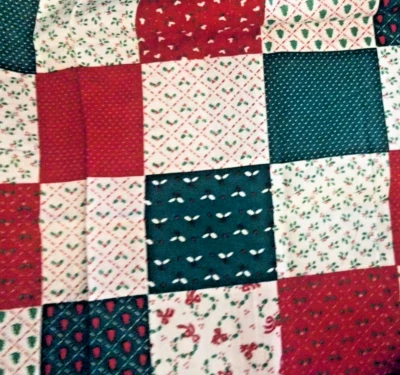 VTG Red Green Calico Dots Holly Patchwork 3 " Squares Christmas Cheater 43"X23" - Image 1 of 4