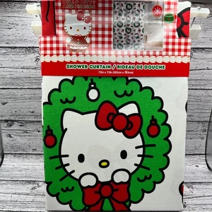 Hello Kitty Christmas Shower Curtain 72x72 Cotton Holiday Wreath Bows - Picture 1 of 5