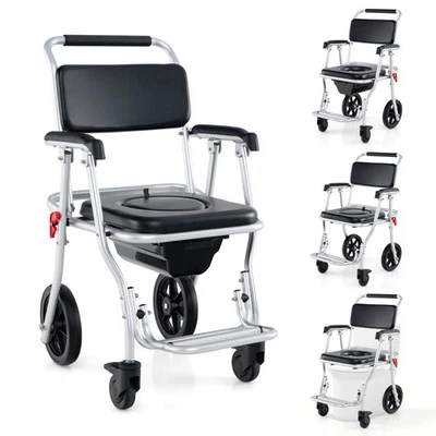 4-in-1 Bedside Commode Chair w/ Brakes, Bucket Footrest Padded Seat & Backrest - Image 1 of 4