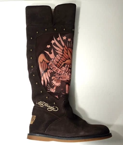 Botas Ed Hardy para mujer talla 7 marrón forradas de piel águila nacida libre tachonadas hasta la rodilla - Imagen 1 de 15