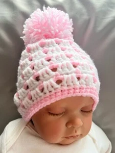 Brand New hand made crochet baby hat ,white and baby pink, pom pom New Born - Picture 1 of 3