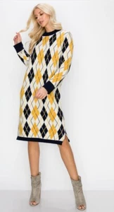 Abito Maglione Joh Santanna Giallo Navy Argyl Donna Nuovo con etichette Taglia M - Foto 1 di 11