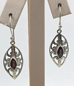VINTAGE .925 Sterling Silver & Red Tourmaline, Filigree Teardrop Wire Earrings - Picture 1 of 7