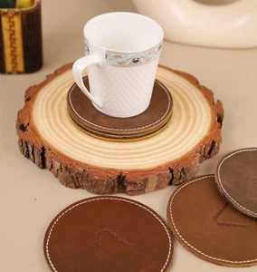 Handmade Leather Coasters Drinks - Set of 6 Modern Cup Coaster for Coffee ,Wine - Picture 1 of 4