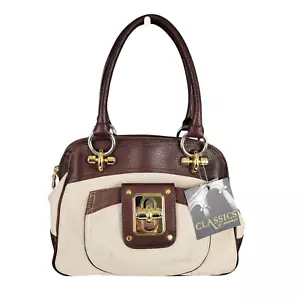 NUEVO CON ETIQUETAS B. MAKOWSKY Bolso Marrón Marfil Cuero Doble Asas Cremallera Top Cartera Clásica - Imagen 1 de 15