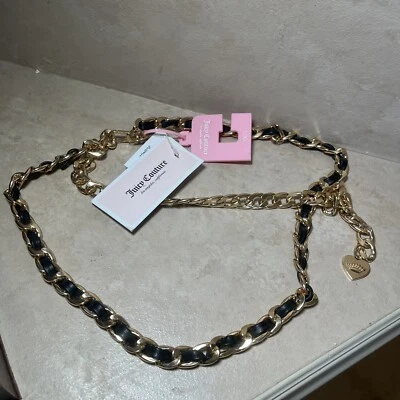 Novo com etiquetas Berloque Logotipo Juicy Couture Preto Couro Sintético Corrente Elos Cinto Grande/ Extra Grande - Imagem 1 de 4