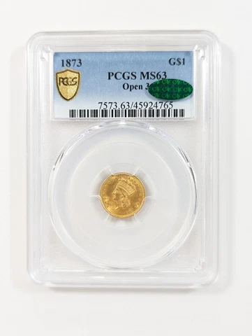 1873 G$1 Indian Princess Head Gold Dollar Coin PCGS MS63 Open 3 Green CAC 🛡️ Cover
