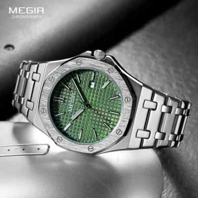 Men's Silver-tone Green Dial Watch Steel Band Quartz Wristwatch with Calendar NR - Image 1 of 4