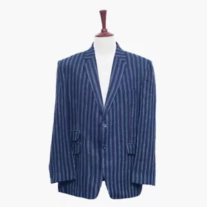 Mens Blazer Blue Green Striped Cotton Dress Formal Jacket Wedding Sport Coat 48R - Picture 1 of 7