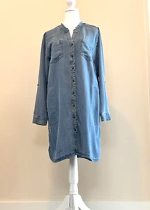 J.Jill Chambray Denim Ganzjahres knielanges Shirtkleid ausgefranster Ausschnitt, 4 Taschen - Bild 1 von 10