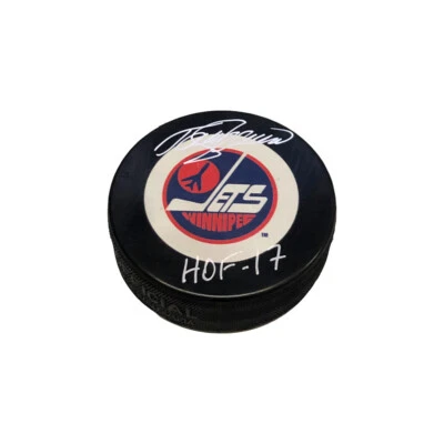 Disco de los Jets Winnipeg firmado por Teemu Selanne - Inscripción HOF 17 Foto 1 de 2