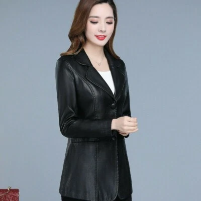 Leather Blazer Jacket Coat Slim Button Oversized Office Lady Casual Business - Image 1 of 4