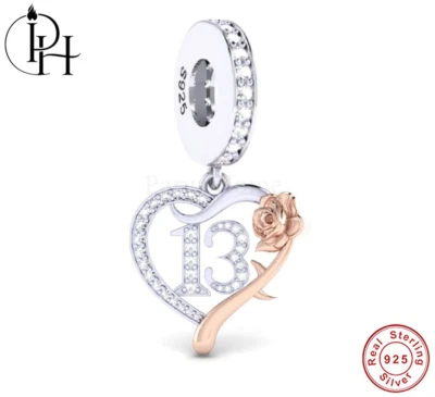 13th Birthday Heart Dangle Charm 925 Sterling Silver Rose Gold Gift For Bracelet - Image 1 of 4