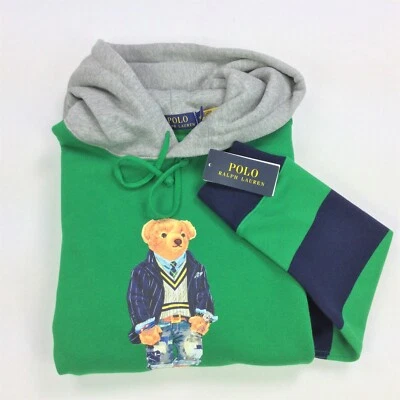 Polo Ralph Lauren Men Striped Sleeve Preppy Bear Graphic Fleece Hoodie Green - Image 1 of 4