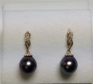 Genuine Tahitian Pearl & Diamonds Solid 14K Yellow Gold Dangle Earrings NEW - Picture 1 of 5