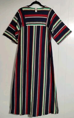 Vintage Multi-Color Striped Maxi Dress House Dress Fleece Empire 3/4 Sleeve - Image 1 of 4