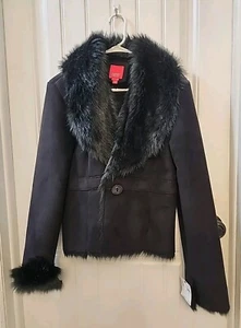 Esprit Outerwear Women's Suede Faux Fur Trim Jacket/blazer Size Large Black - Picture 1 of 15