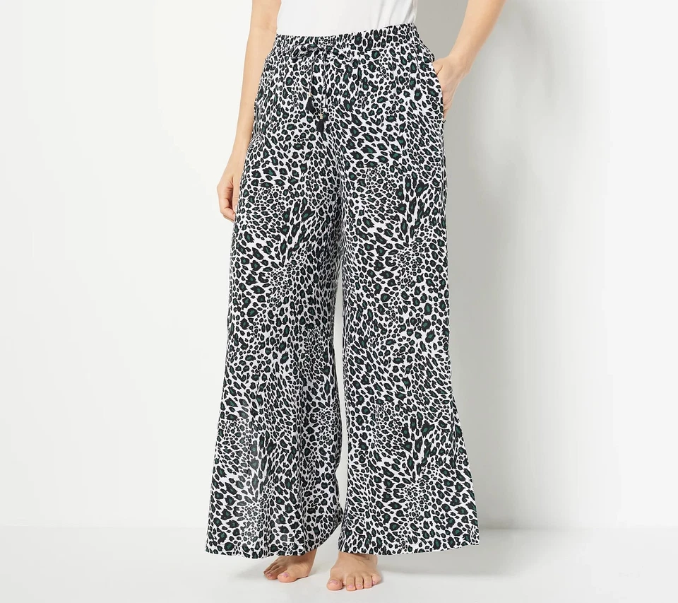 Jantzen Woven Tie-Waist Wide Leg Cover-Up Pants Leopard XS New - Image 1 of 1