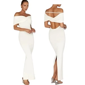 Meshki Ivory Beige Knit Off The Shoulder Maxi Dress Terese Formal Body Con - Picture 1 of 14