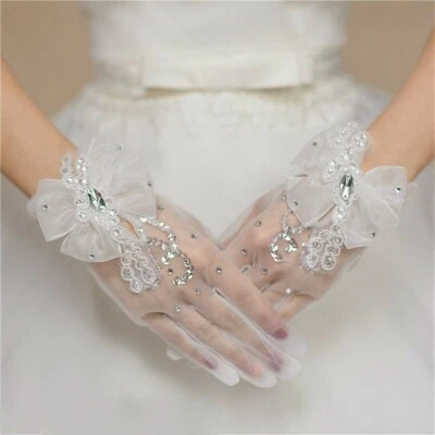Lady White Mesh Lace Crystal Bow Gloves Wedding Bridal Party Gown Accessory Chic - Image 1 of 4