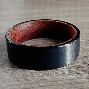 Mens Tungsten Carbide Ring Black Brushed Wood Inner Wedding Band Anniversary 8mm - Picture 1 of 3