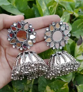 Indian Ethnic Traditional Bollywood Style Silver Tone Oxidized Jhumka Earrings - Picture 1 of 12