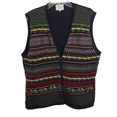 Chaleco Suéter Vintage Años 90 Tejido Lana Boho Bordado Terciopelo Metálico Vacaciones XL Foto 1 de 4