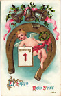 1912 Happy New Year Cherub Gold Horseshoe Postcard