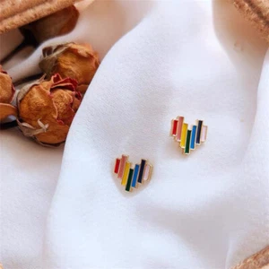 rainbow love heart stud earrings enamel rose gold cute small pride jewellery - Picture 1 of 14
