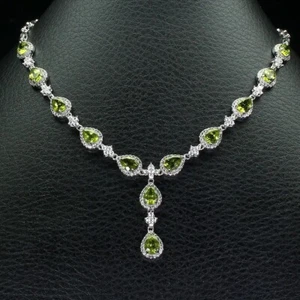 PERIDOT GENUINE MINED GEMS WHITE GOLD OVER SOLID STERLING SILVER 925 NECKLACE 17 - Picture 1 of 4