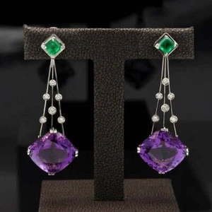 Very Beutiful Large Cushion Shape 25.17CT Amethyst With 1.19CT Emerald Earrings - Picture 1 of 6