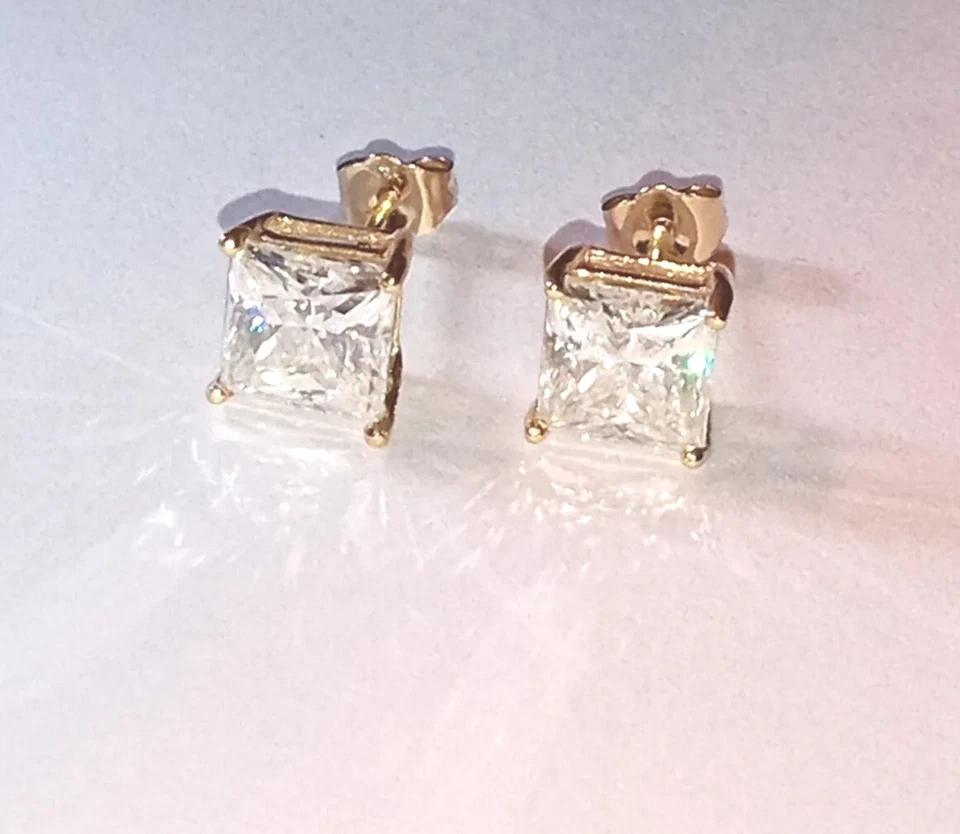 2.40 ctw D, VVS Natural Moissanite 14kt solid yellow gold earrings, New - Image 1 of 4